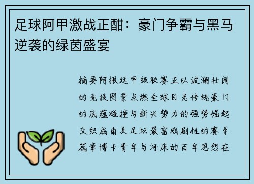 足球阿甲激战正酣：豪门争霸与黑马逆袭的绿茵盛宴