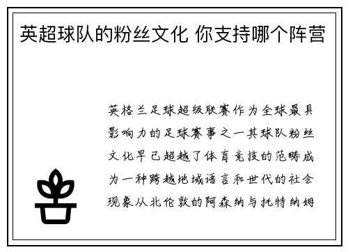 英超球队的粉丝文化 你支持哪个阵营
