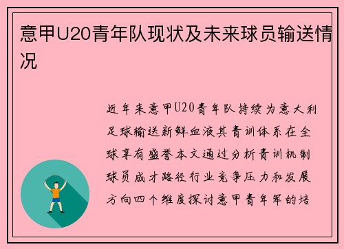 意甲U20青年队现状及未来球员输送情况