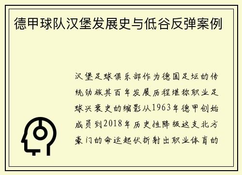 德甲球队汉堡发展史与低谷反弹案例